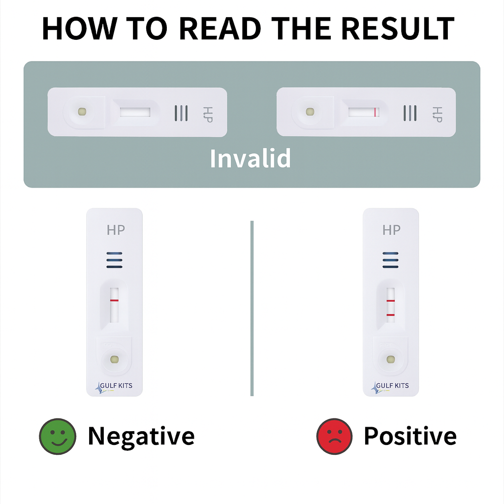 H. pylori antigen rapid test result card showing Invalid, Negative, Positive