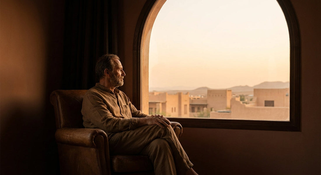 A man sits alone in quiet contemplation by a sunlit window with a warm desert cityscape in the background, conveying introspection and calm dignity.