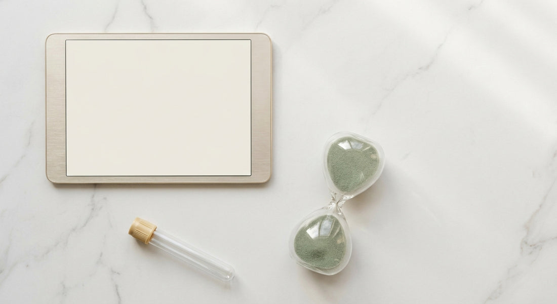 A minimalist flat lay of a digital calendar, hourglass, and specimen tube on a white marble surface, symbolizing timed health testing windows.