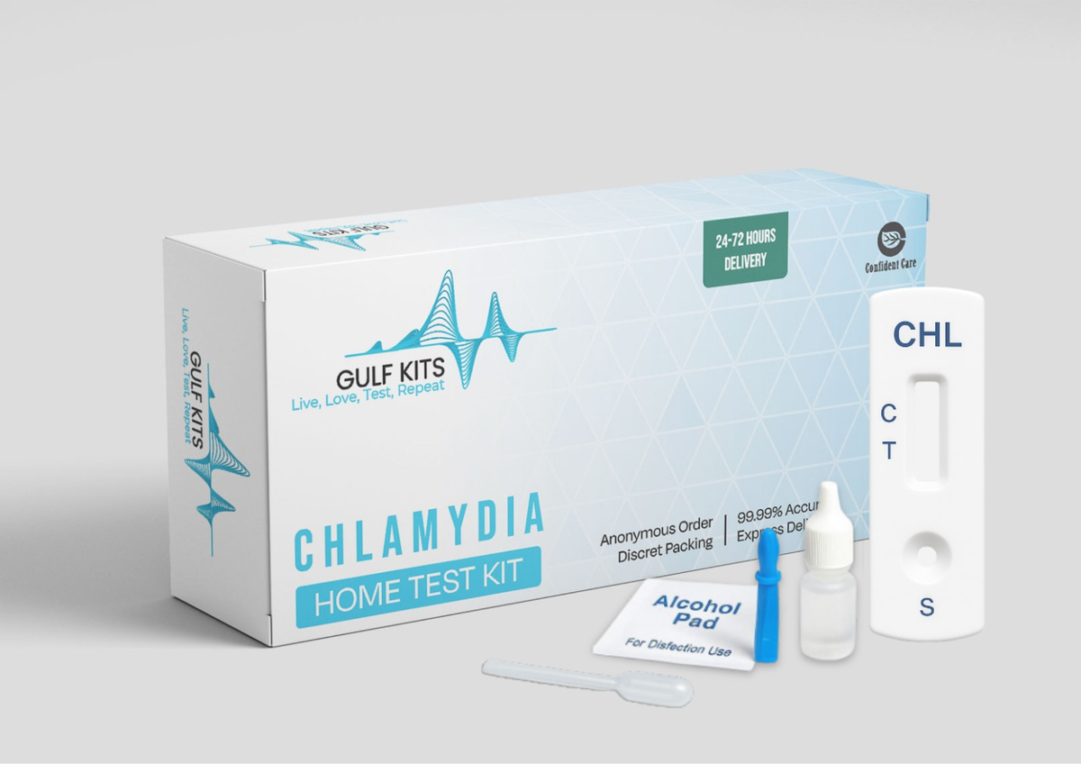Chlamydia home test kit with test strips, dropper, and bottles