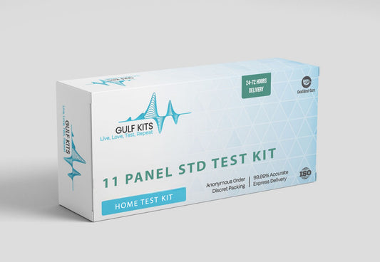 11 panel STD home test kit box, white and light blue packaging