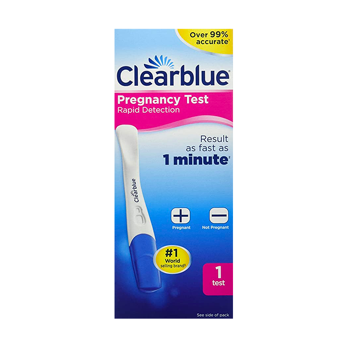 Clearblue pregnancy test kit box, rapid detection with 1-minute result badge
