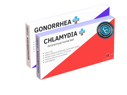 At-home rapid test kit box for chlamydia and gonorrhea, red and blue packaging