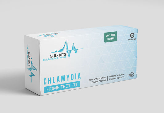 Chlamydia home test kit box with label and delivery badge
