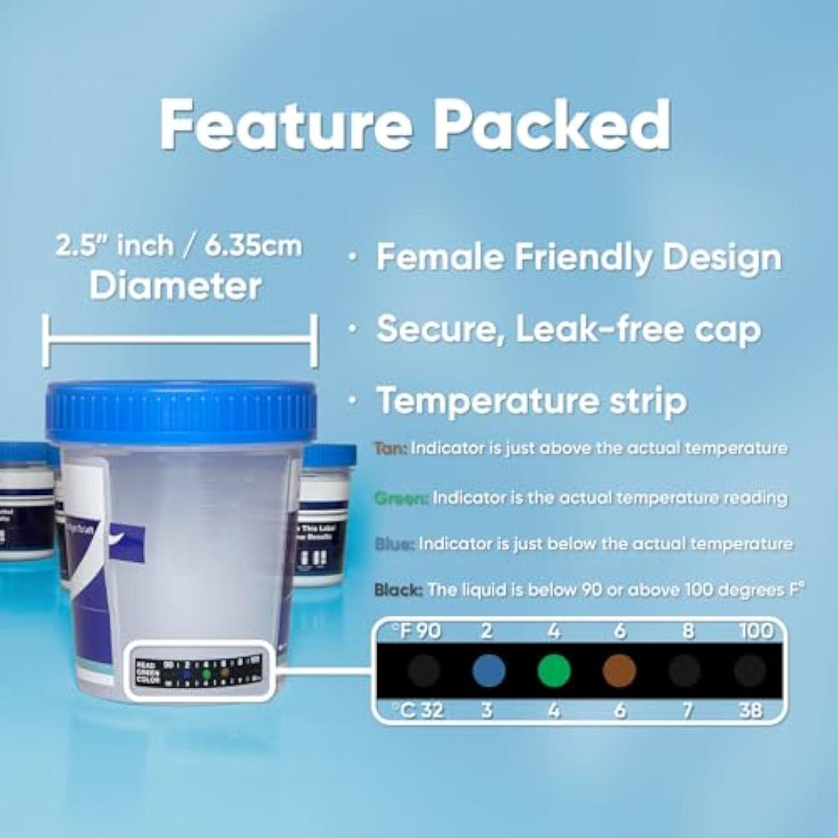 Urine drug test cup with blue cap, temperature strip area, and reading panel