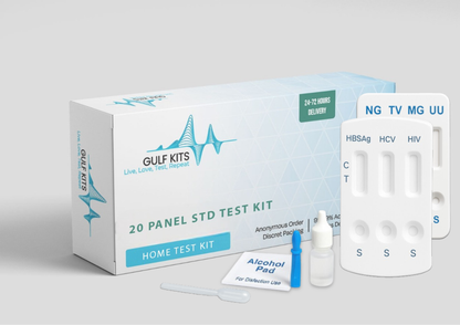 STD home test kit contents: test cassette, bottles, dropper, and test tube holder