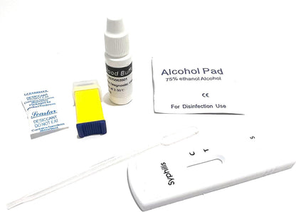 Syphilis home test kit components: test cassette, swab, alcohol pad, dropper and buffer tube