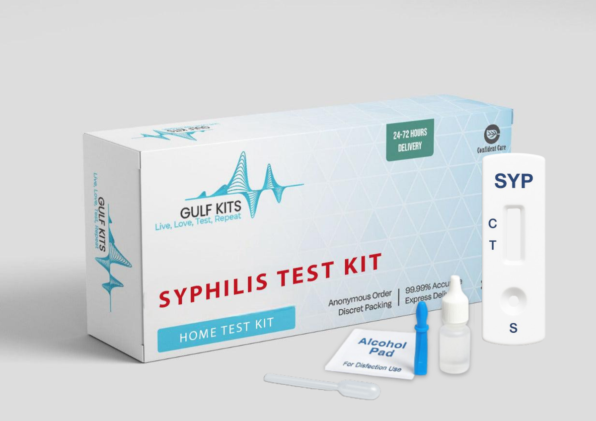 Syphilis test kit box with test devices, alcohol pad, dropper bottle, and swab