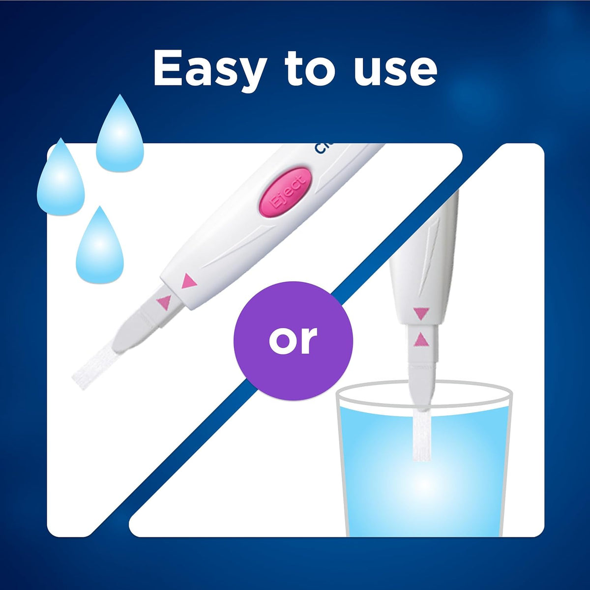 Clearblue digital ovulation test wand showing dip-in water and easy-to-use steps