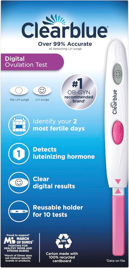 Clearblue digital ovulation test device with LCD display and peak fertility result icons
