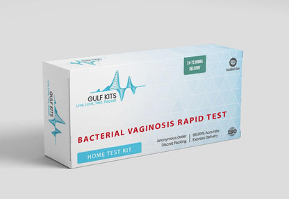Bacterial vaginosis rapid home test kit box, with product label and logo