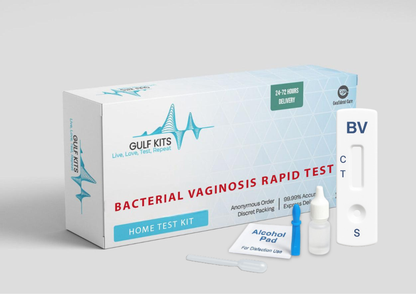 Bacterial vaginosis home test kit box with test card, swab, and dropper bottles