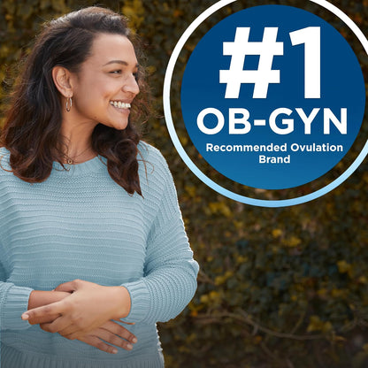 Clearblue ovulation test ad with smiling woman and #1 OB-GYN recommended badge