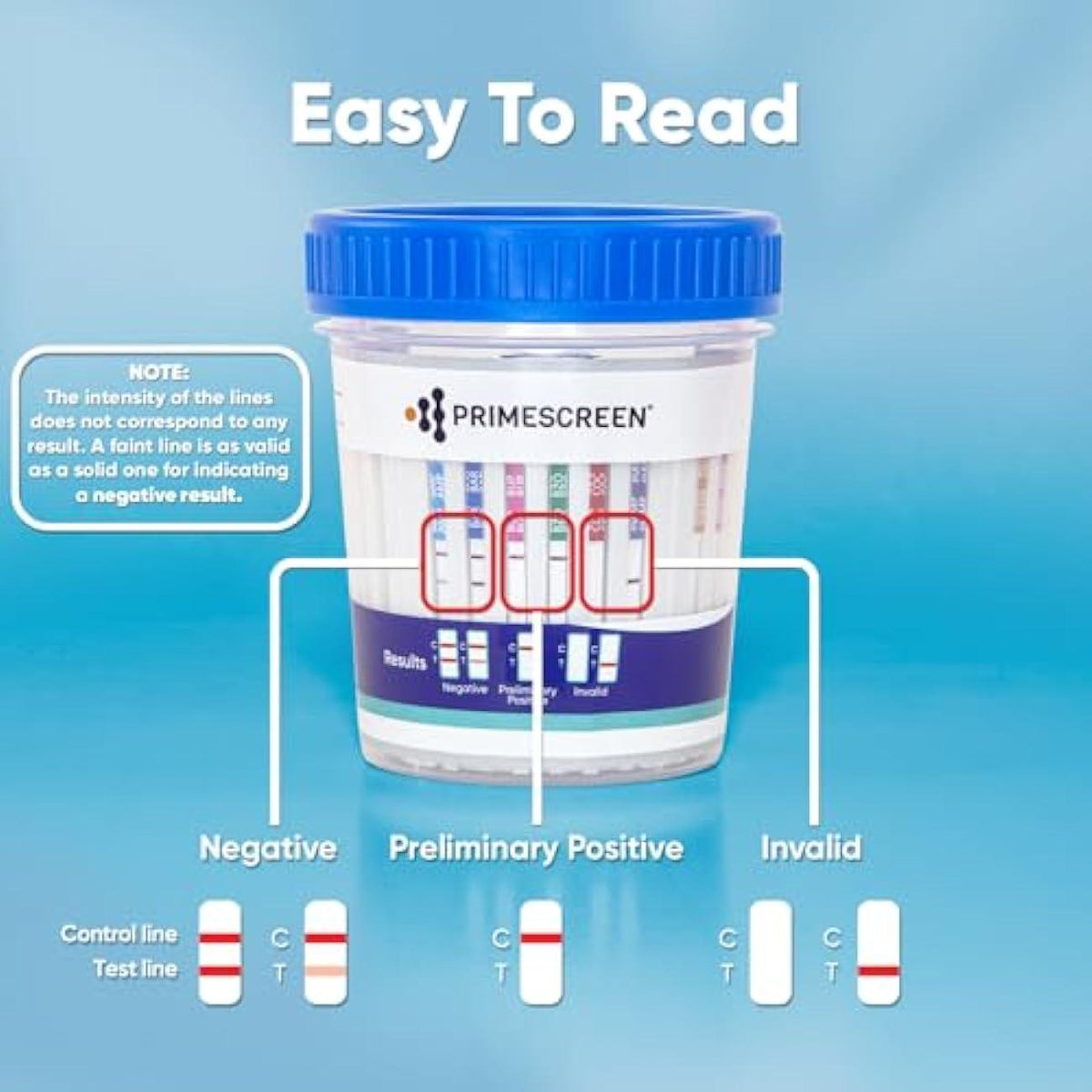 Urine drug test cup showing colored result lines for negative, preliminary, and invalid