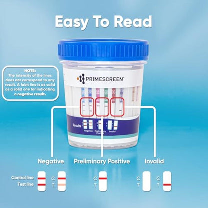 Urine drug test cup showing colored result lines for negative, preliminary, and invalid