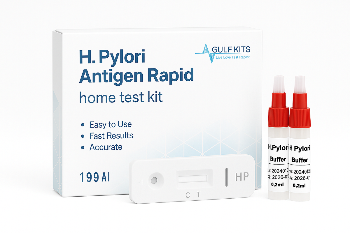 H. pylori antigen rapid home test kit with cassette and two buffer bottles