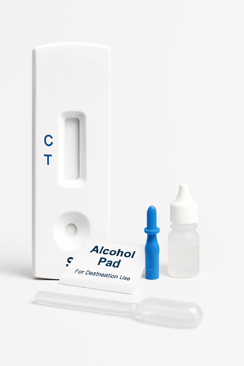 HIV 4th-generation test kit with test cassette, alcohol pad, and dropper bottle
