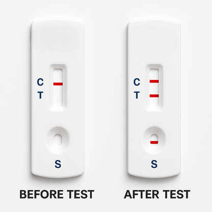 Chlamydia test cassettes showing C, T, S lines for before and after results