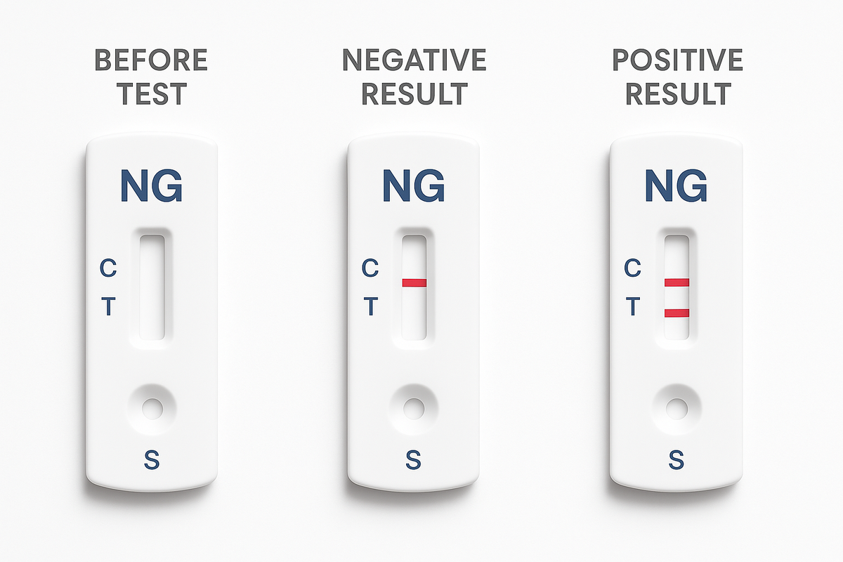 Three gonorrhea test cassettes showing before, negative, and positive lines