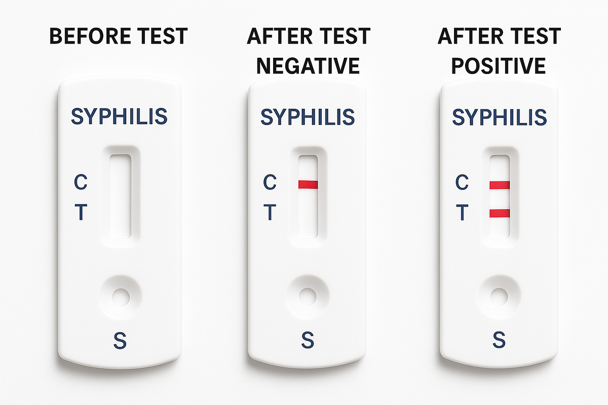 Syphilis test results display: before test, negative, and positive cassettes