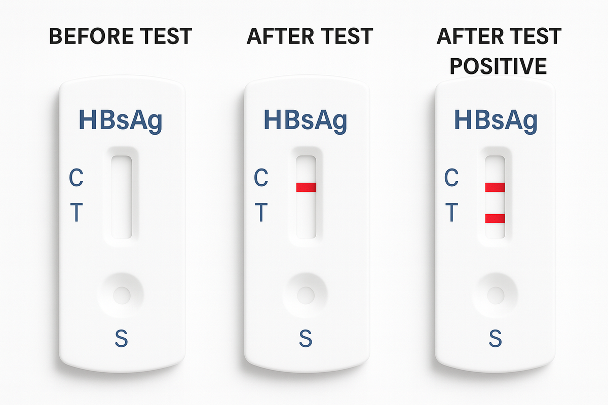Three HBsAg rapid test cassettes: before test, after negative, after positive