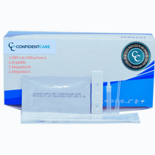 STD/STI test kit with blue box, test cassette, and small accessory components