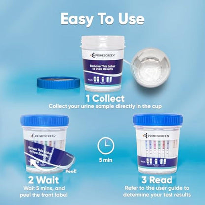 Home drug test kit with blue-capped urine cups and sample collection steps