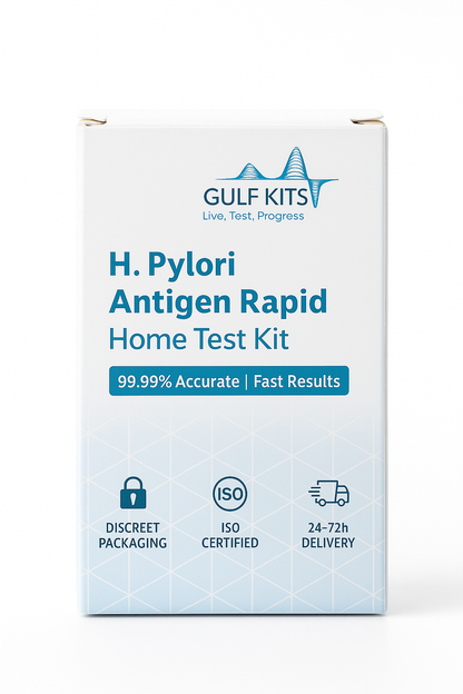 H. pylori rapid home antigen test kit box, GULF KITS branding