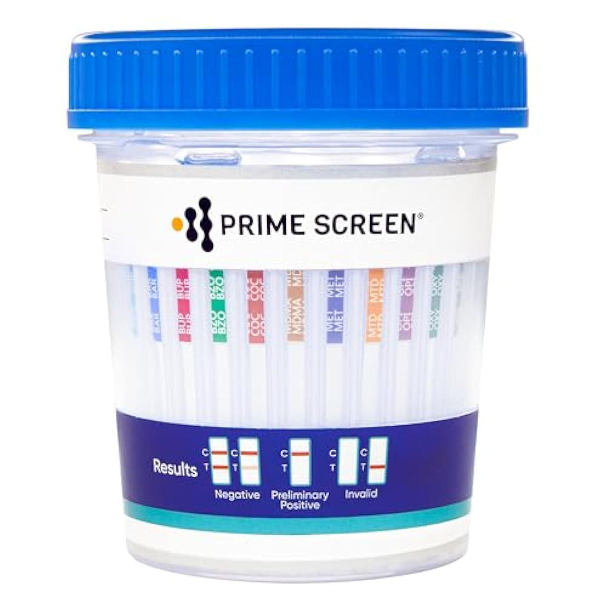 12-panel urine drug test cup with results window and blue screw cap