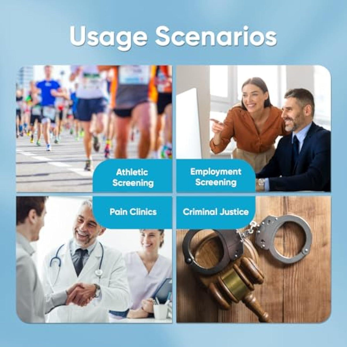 Drug test kit usage scenarios for athletic screening, employment, pain clinics, and courts