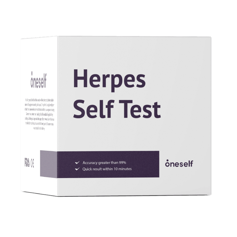 Herpes self test box, one self brand, white and purple diagnostic kit package