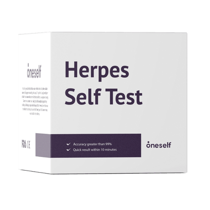 Herpes self test box, one self brand, white and purple diagnostic kit package