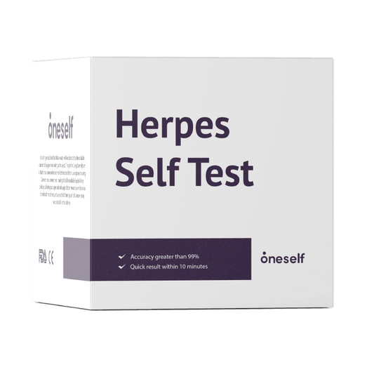 Herpes self test box, one self brand, white and purple diagnostic kit package