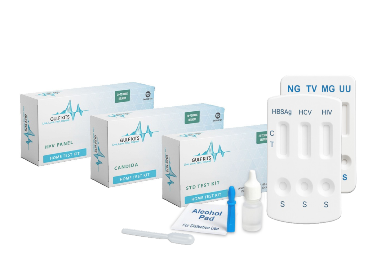 Home test kit pack with test cassettes, swabs, and dropper bottles