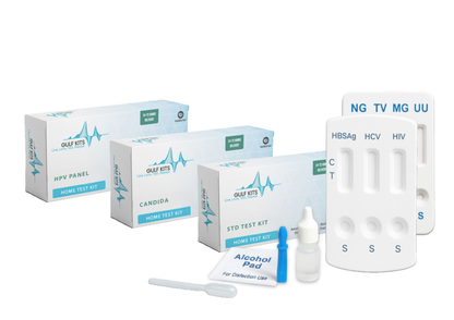 Home test kit pack with test cassettes, swabs, and dropper bottles