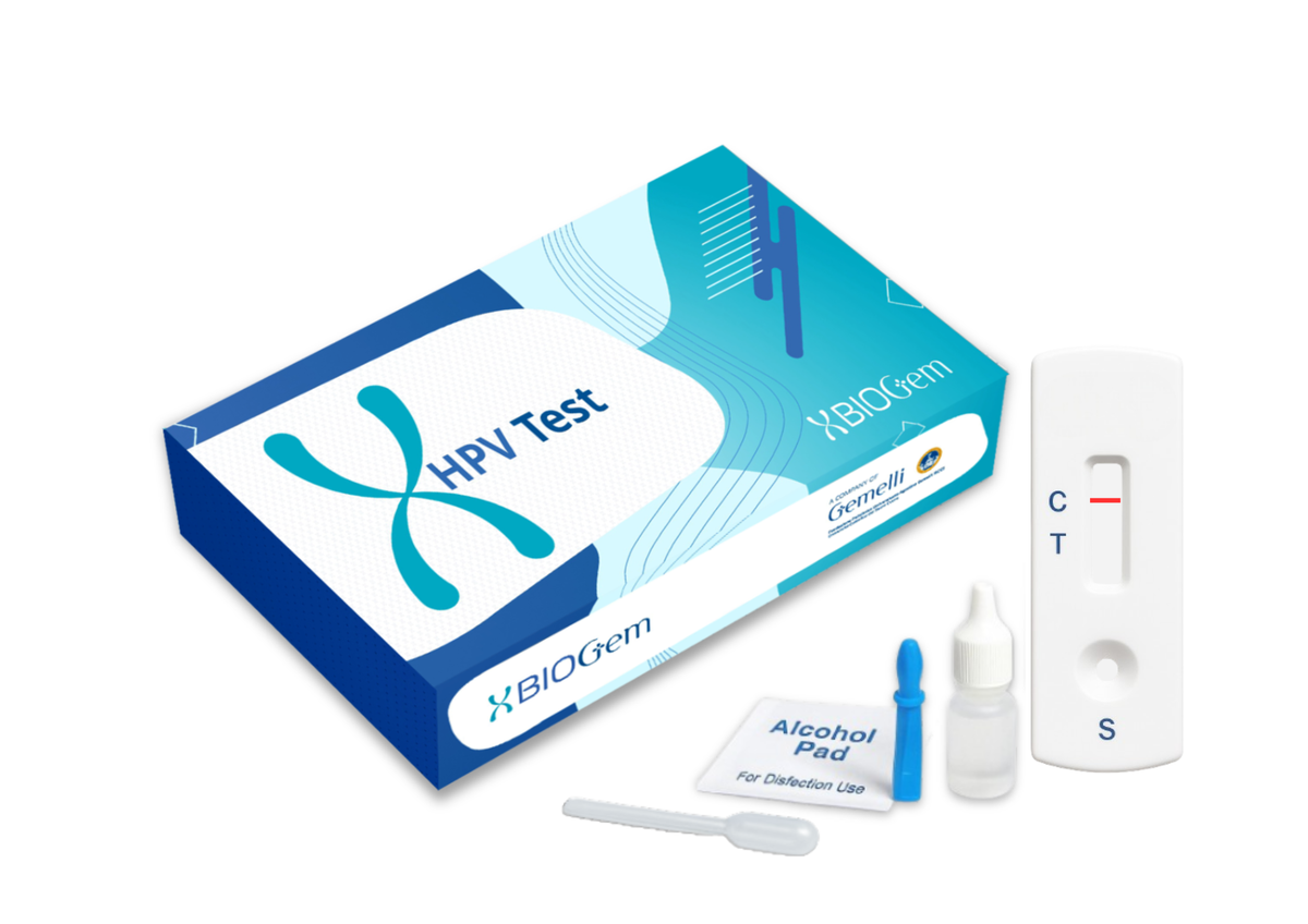 HPV test kit with box, test cassette, swab, dropper bottles, and reagent cap