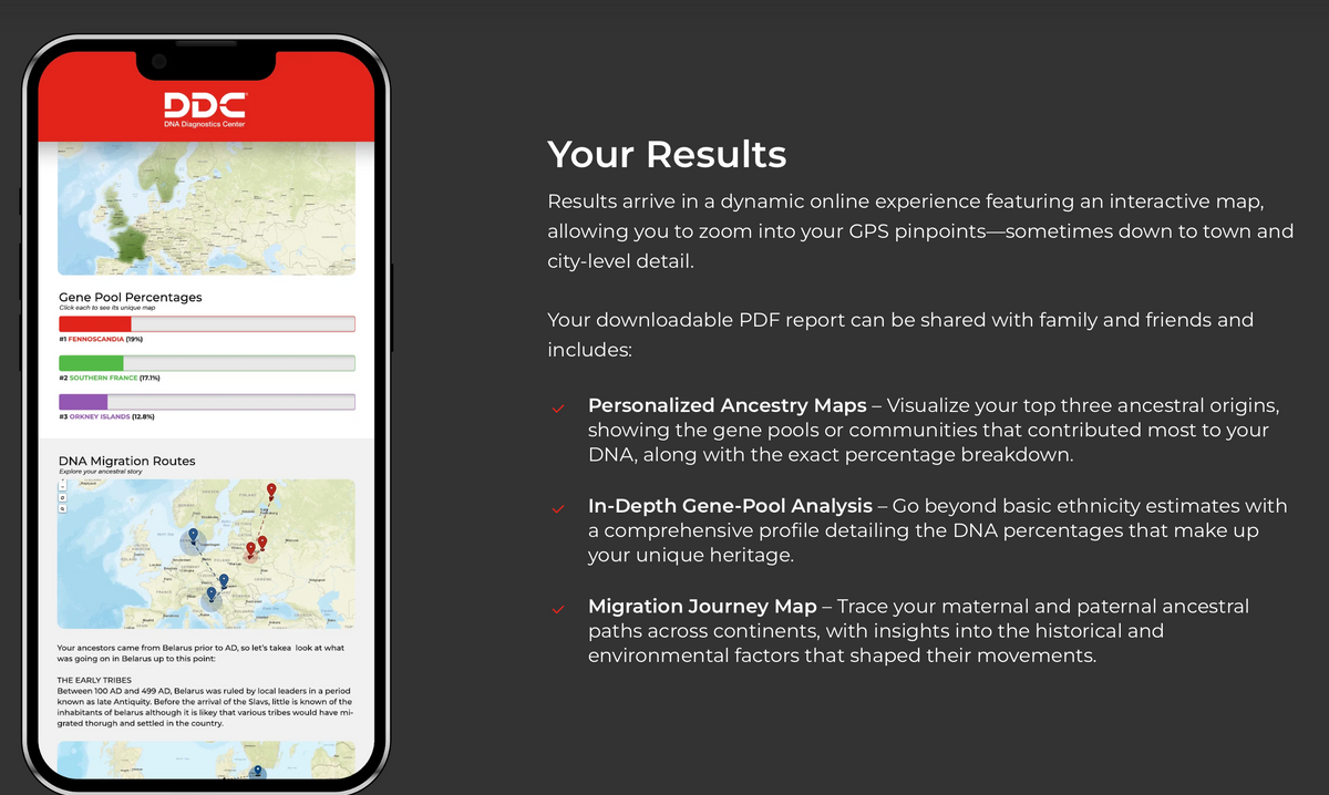 Ancestry DNA test results screen with interactive maps and downloadable report details