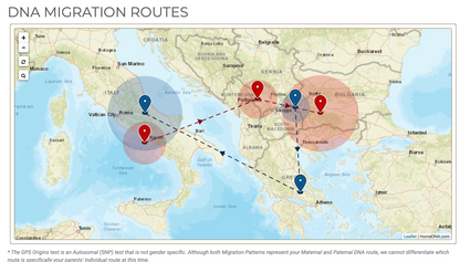 Ancestry DNA migration routes map with highlighted paths across Europe