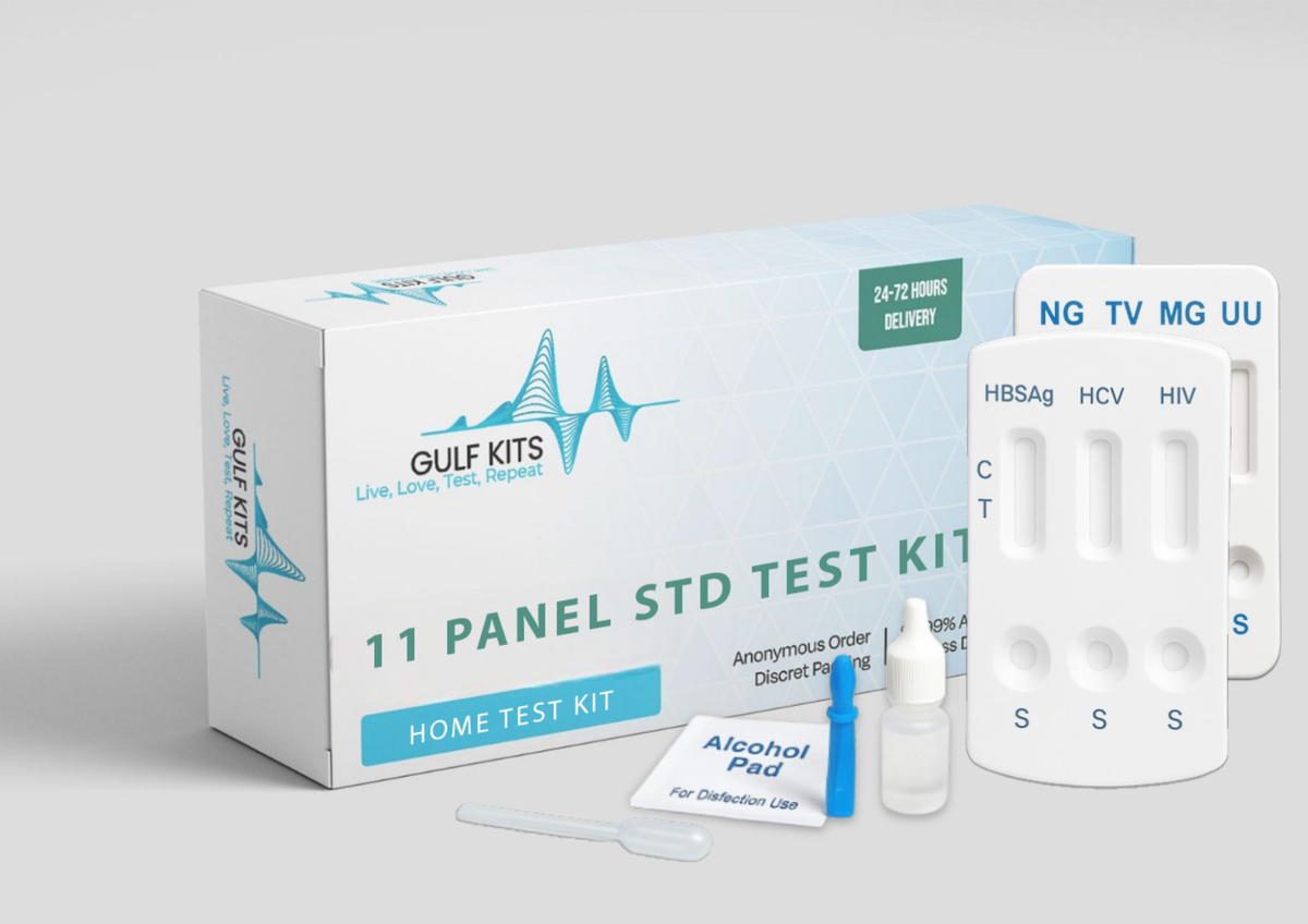 11 panel STD test kit items with test devices and small dropper bottles