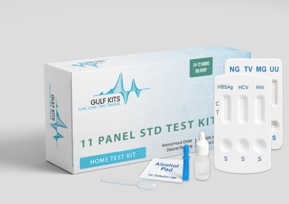 11 panel STD test kit items with test devices and small dropper bottles