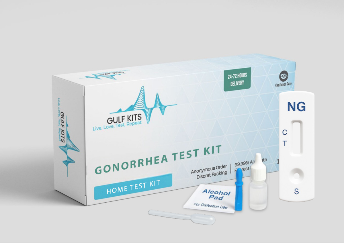 Gonorrhea home test kit with test cassette, dropper, and swab in box