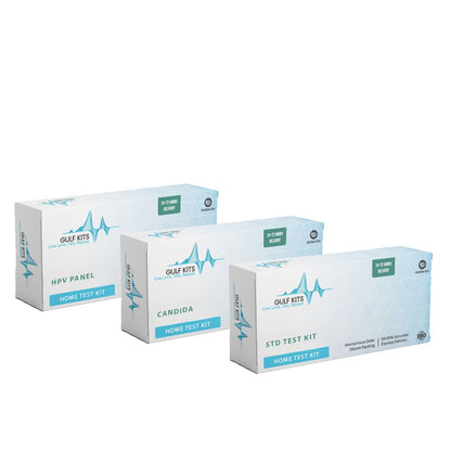 Home test kit pack with three boxes for HPV panel, Candida, and STD tests