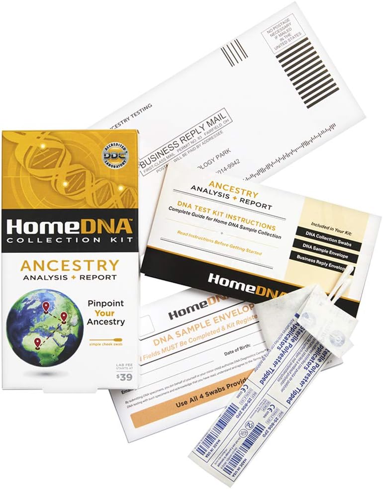 Ancestry DNA test kit contents with box, instruction cards, and sample swabs