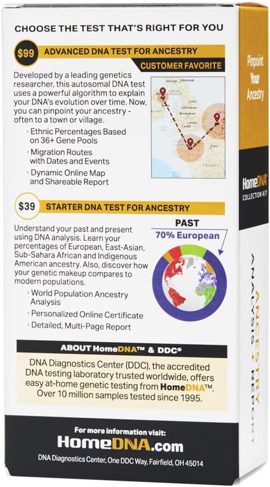 Ancestry DNA test kit box back panel with pricing and feature list