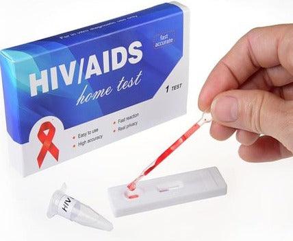 HIV home test kit box with test device and swab, plus hand applying sample
