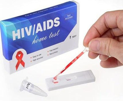 HIV home test kit box with test device and swab, plus hand applying sample