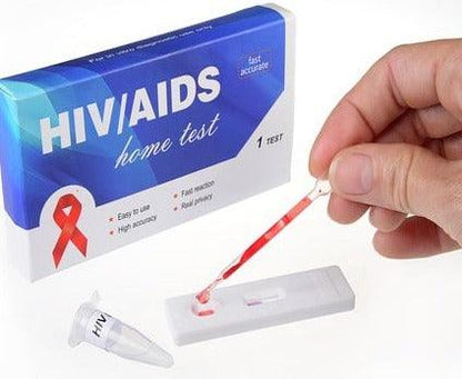 HIV home test kit box with swab and test device, hand holding dropper for sample