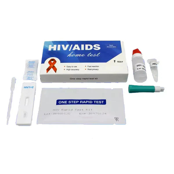 HIV/AIDS home test kit components: test device, strip, vial, and buffer