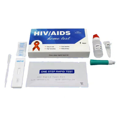 HIV/AIDS home test kit components: test device, strip, vial, and buffer
