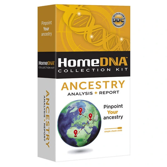 Ancestry DNA test kit box with globe icon and “Analysis + Report” text